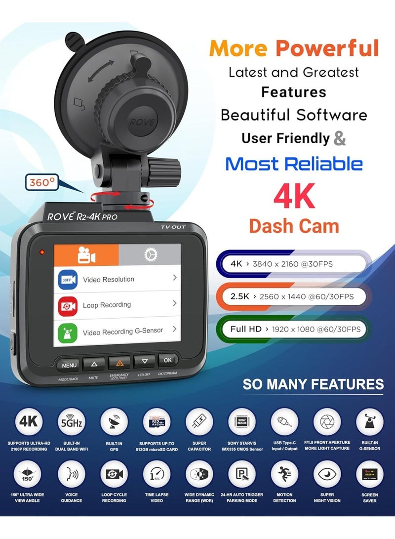 ROVE R2-4K PRO Dash Cam, Built-in GPS, 5G Wi-Fi Dash Camera for Cars, 2160P UHD 30fps Dashcam with APP, 2.4" IPS Screen, Night Vision, WDR, 150° Wide Angle, 24-Hr Parking Mode, Supports 512GB Max - Image 1
